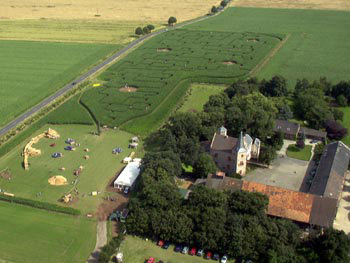 Luftaufnahmen Burg Bubenheim und anliegendes Labyrinth im Maisfeld